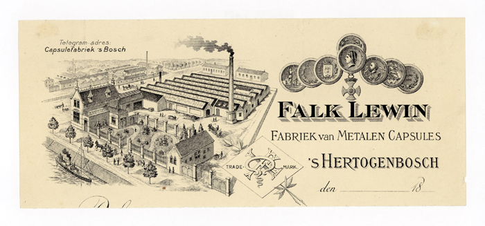 Briefhoofd van capsulefabriek Falk Lewin. Hierbij voert NTP de sanering uit. Foto door Onbekend - 1920 - Stadsarchief 's-Hertogenbosch, Netherlands - CC BY-SA.
